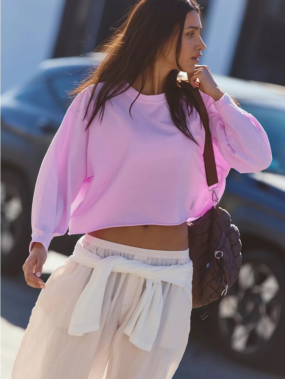 Free People Pink Cropped Long Sleeve Tee
